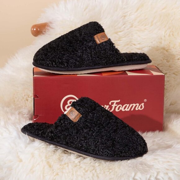 Women's Carbon Black Fuzzy Slip-on Slippers Warm Cozy Soft Lightweight Foam - Picture 6 of 9